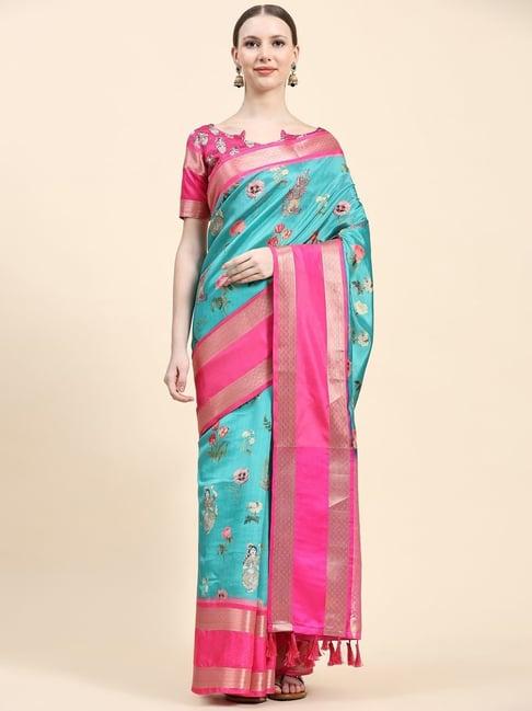 just fashion teal blue & pink silk floral print saree with unstitched blouse