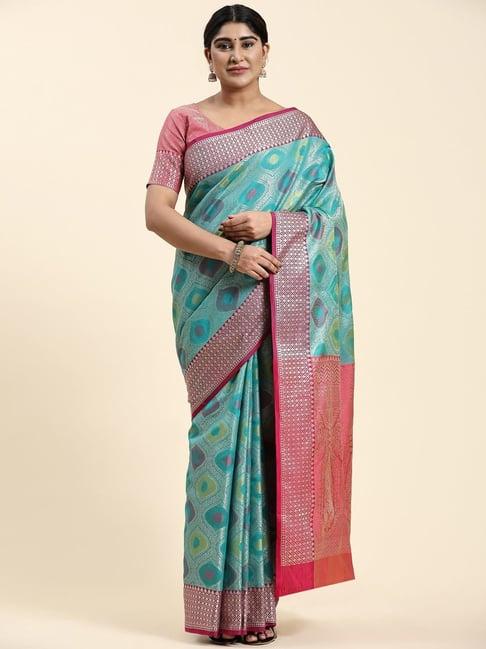 just fashion teal blue silk woven saree with unstitched blouse