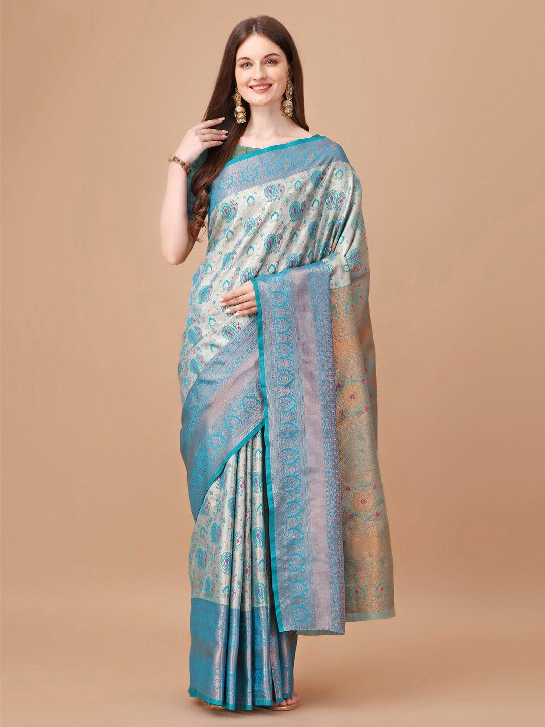 just fashion turquoise blue ethnic motifs zari silk blend kanjeevaram saree