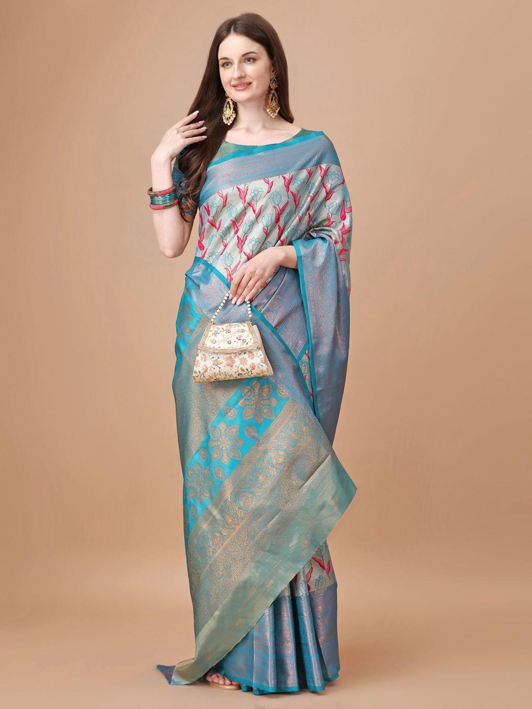 just fashion turquoise blue floral zari silk blend kanjeevaram saree