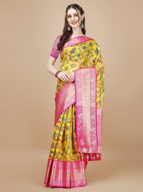 just fashion yellow & pink silk printed saree with unstitched blouse