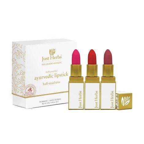 just herbs ayurvedic creamy matte half-size lipstick kit - pink, deep red & rose brown (set of 3)