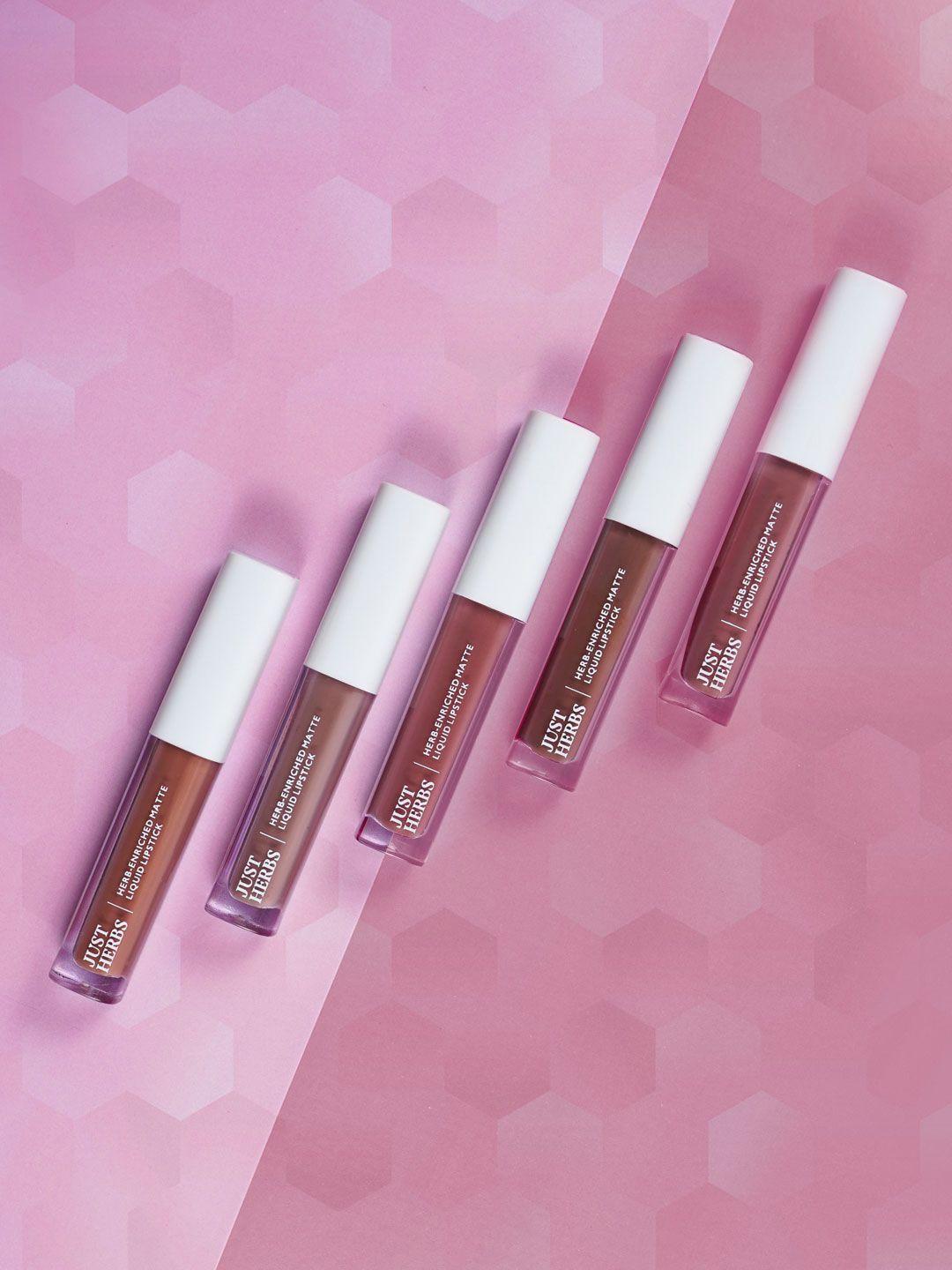 just herbs set of 5 matte liquid lipstick with sweet almond oil 10 ml-nudes & browns