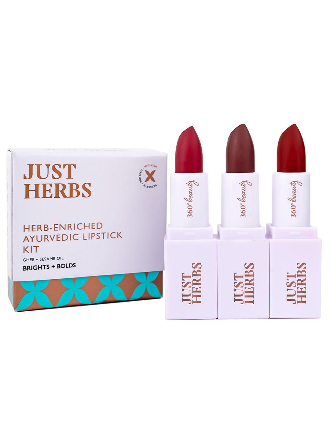 just herbs women set of 3 ayurvedic half-size lipstick kit - pink, deep red & rose brown