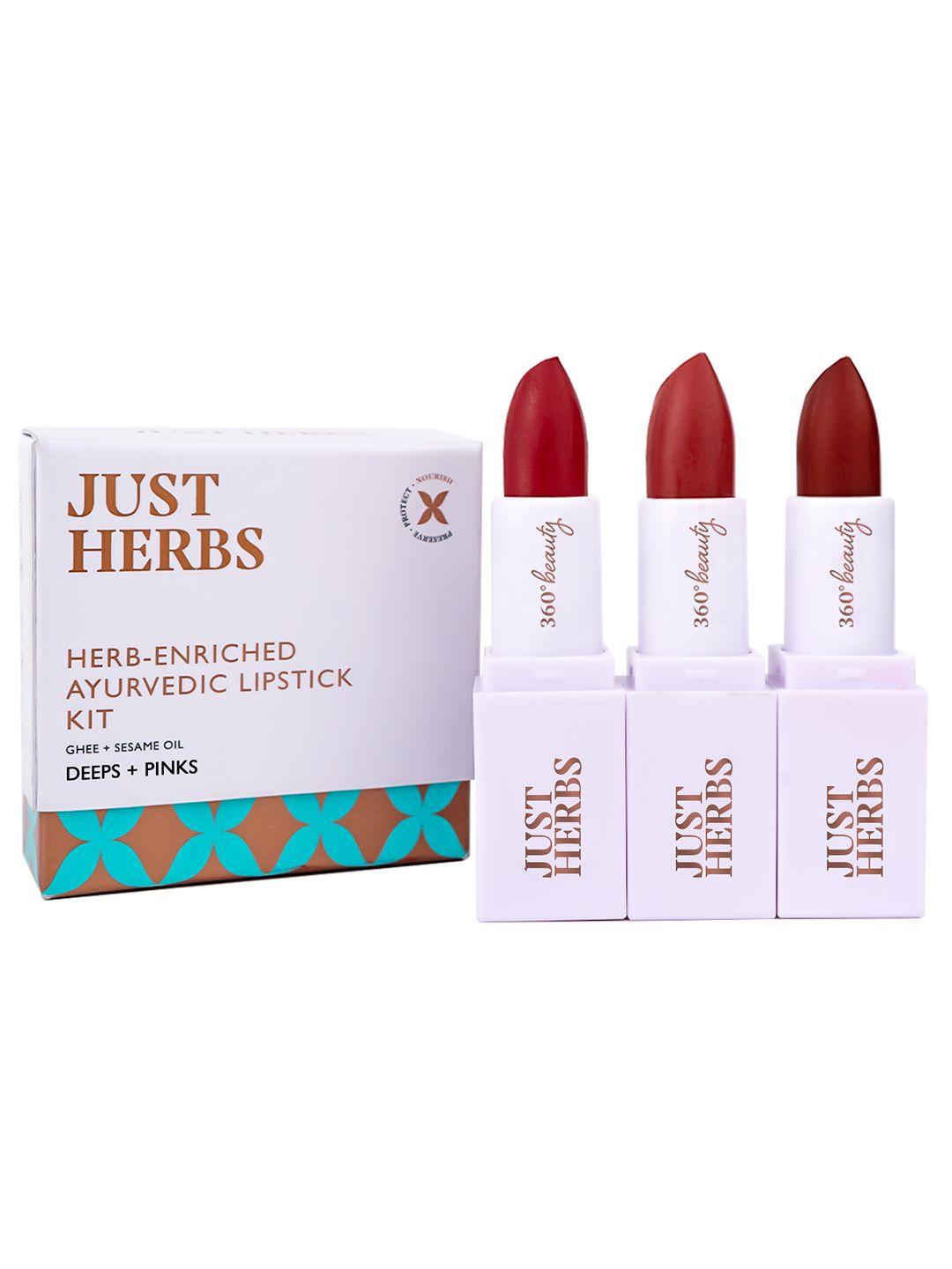 just herbs women set of 3 ayurvedic lipstick kit - peachy pink, burnt red & peachy coral