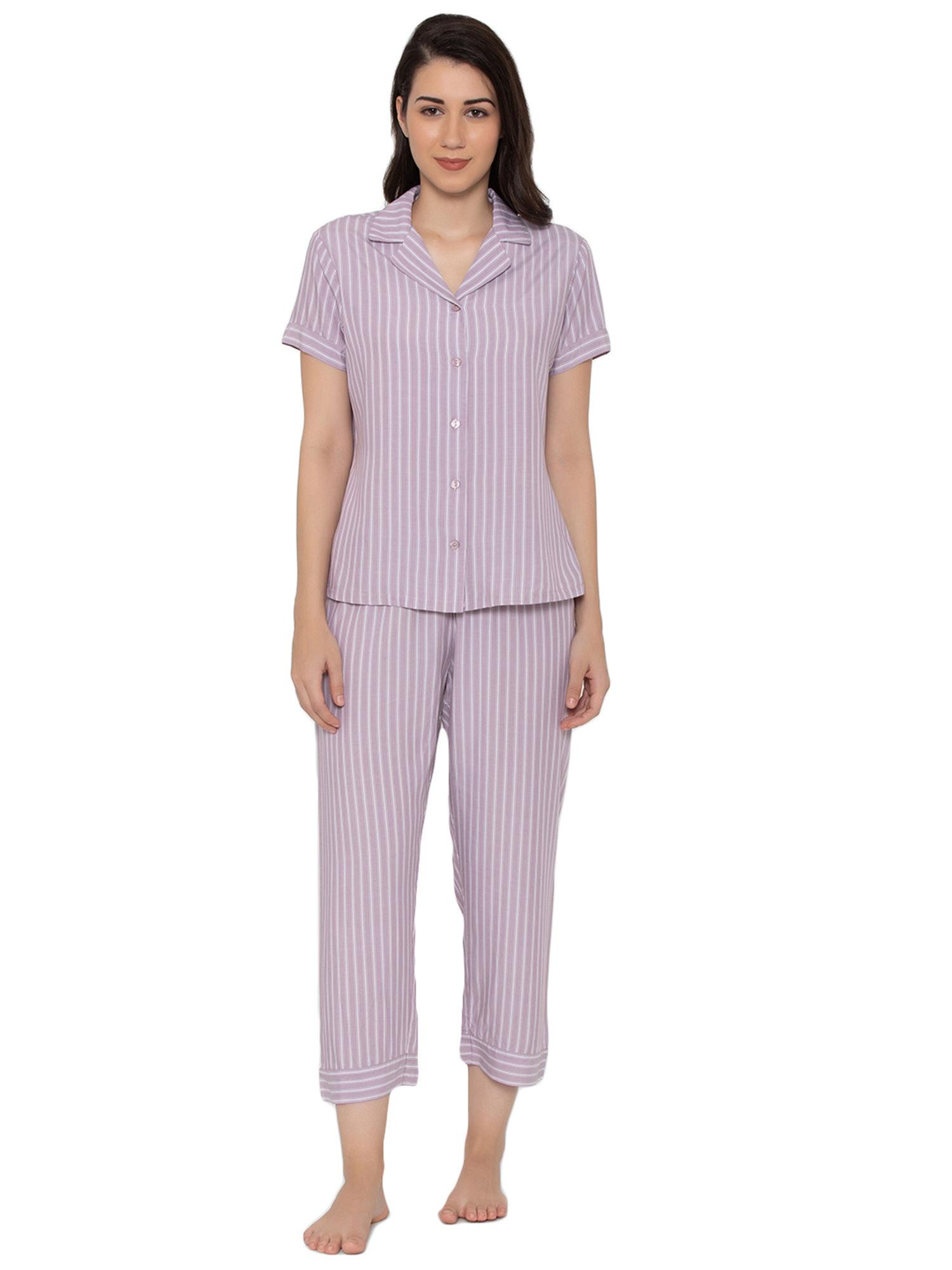 just mix striped print ultralight and soft short sleeve pyjama set - purple