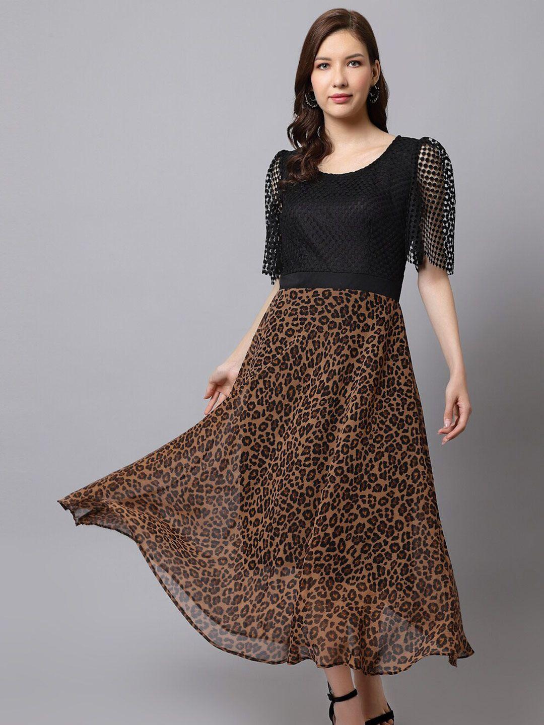 just wow animal printed chiffon fit and flare midi dress