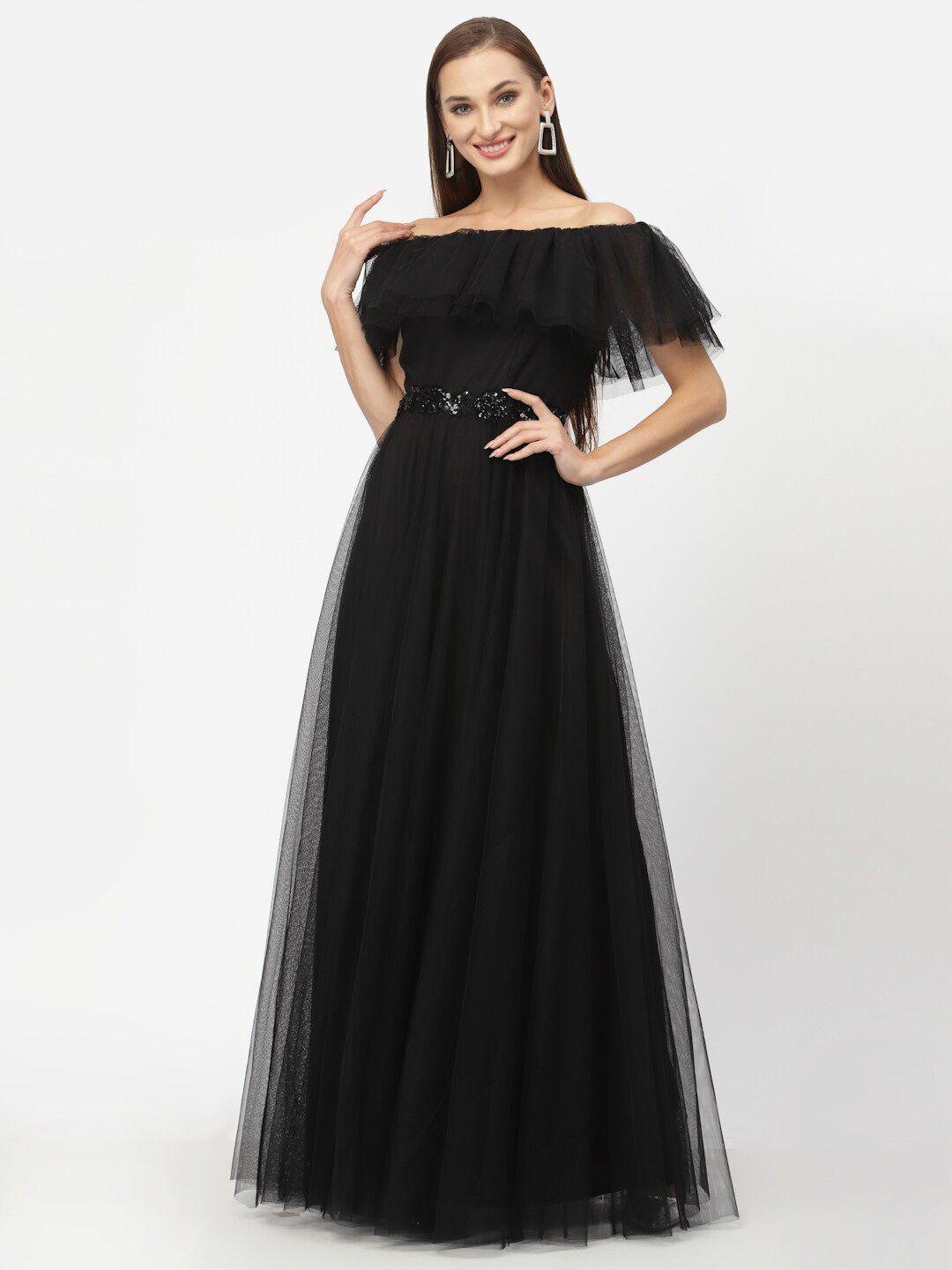 just wow black off shoulder embellished layered net maxi dress