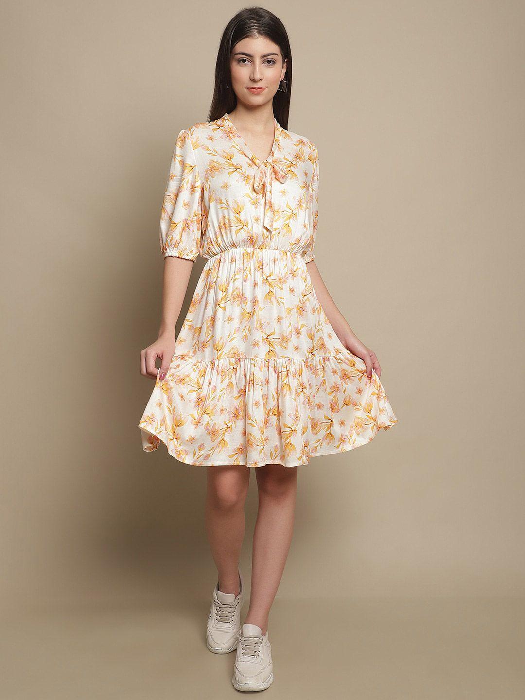 just wow floral printed tie up neck fit & flare dress