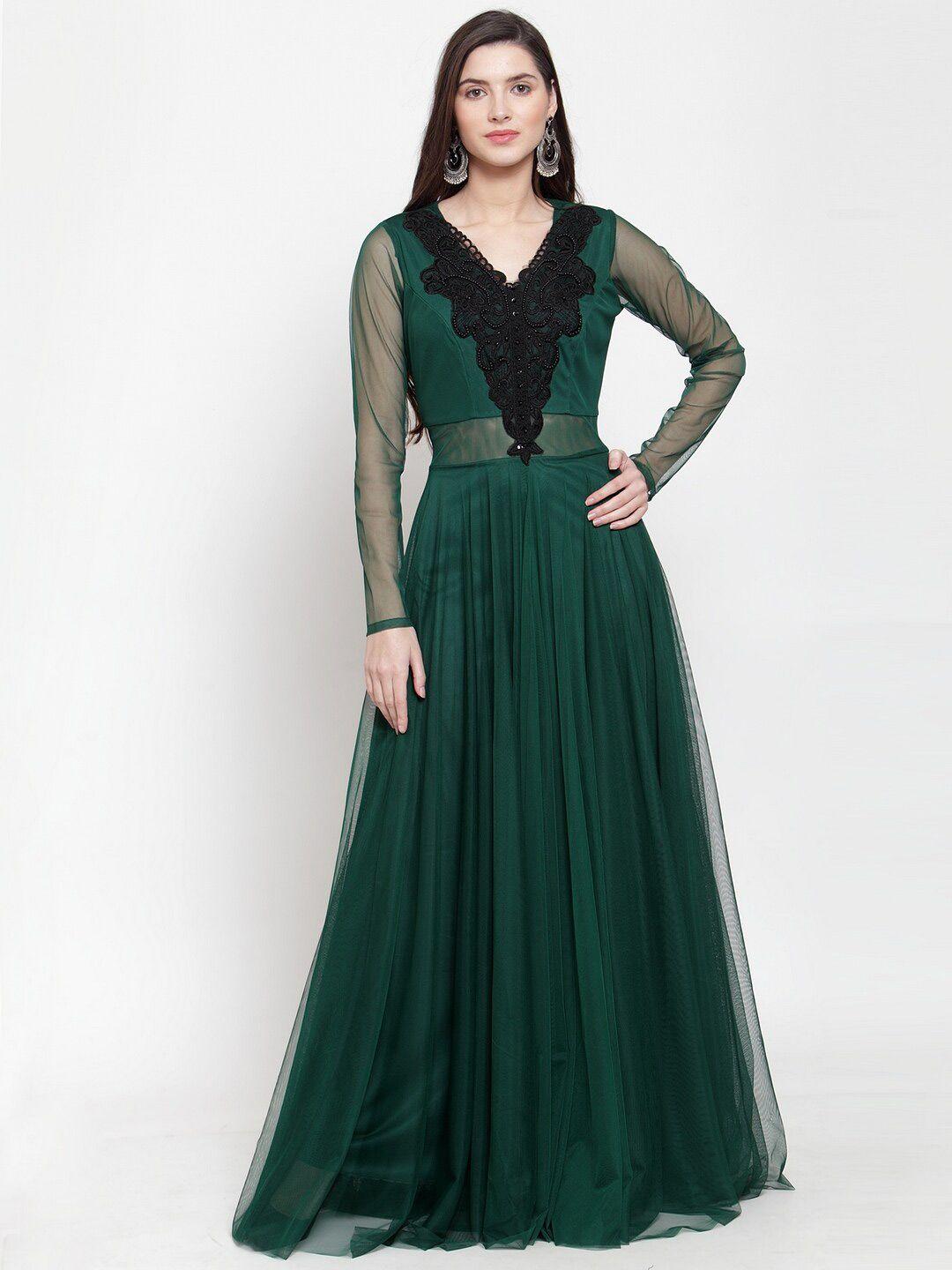 just wow green embellished net maxi dress