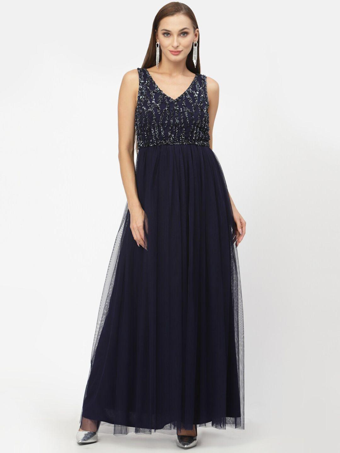 just wow navy blue embellished net maxi dress