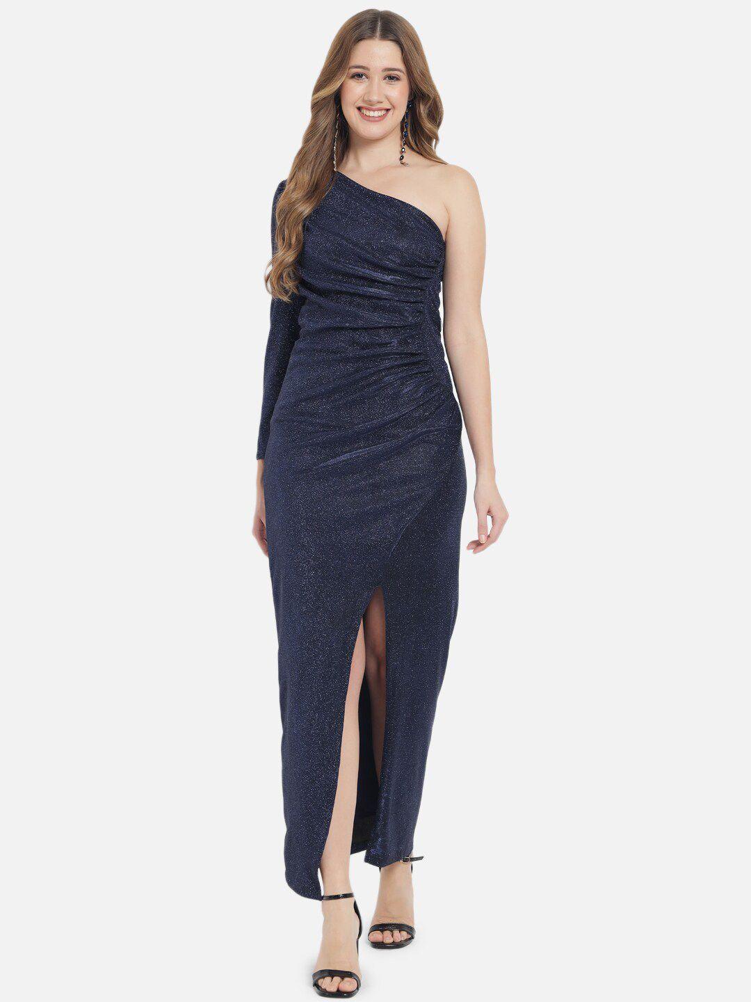 just wow navy blue embellished one shoulder bodycon maxi dress
