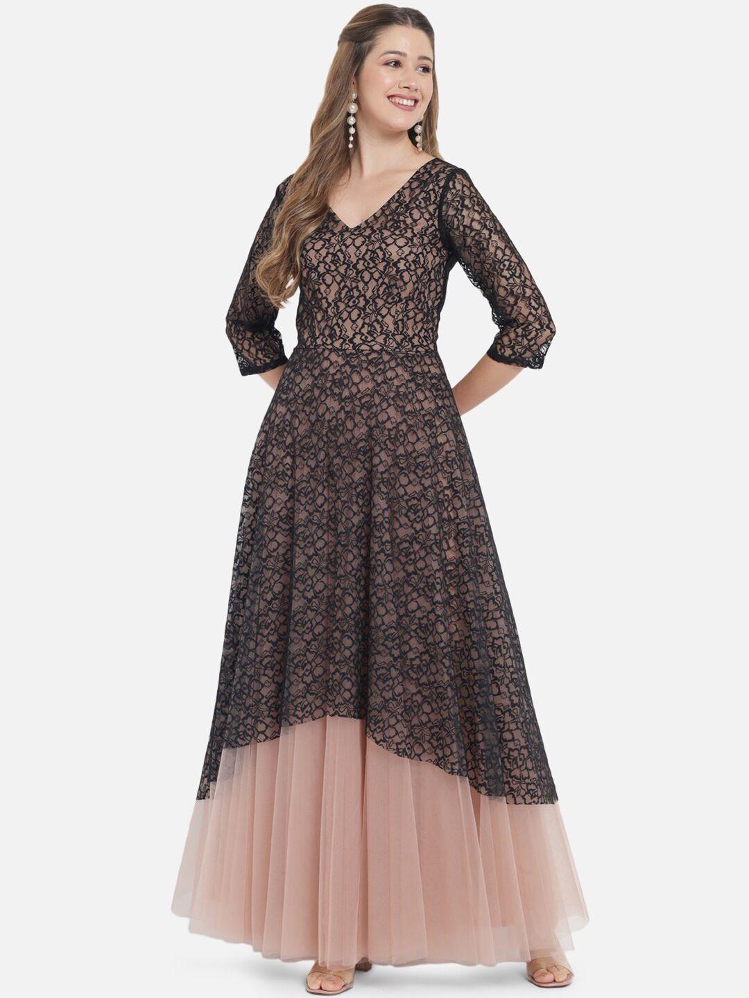 just wow women black floral layered net maxi dress