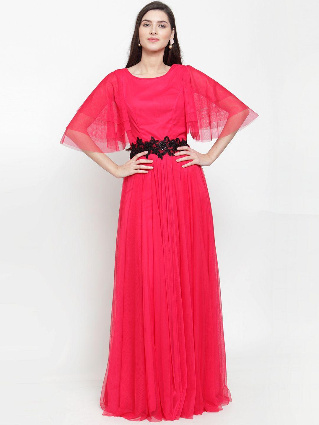 just wow women coral pink solid net maxi dress