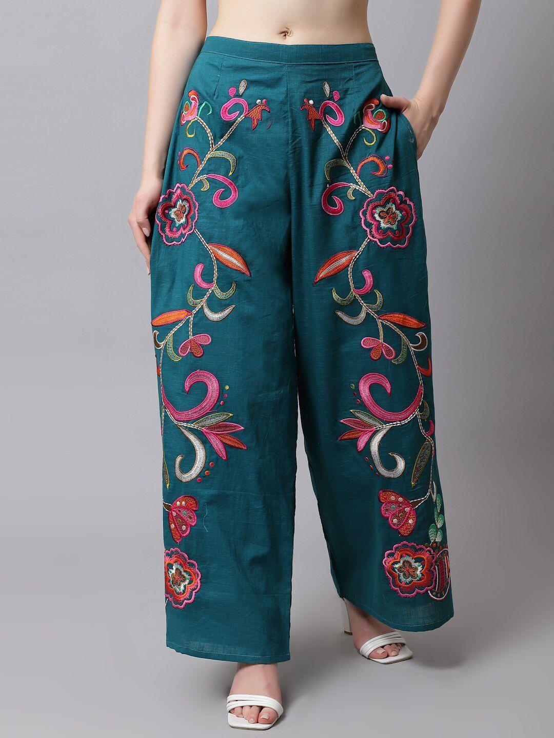 just wow women floral embroidered cotton knitted palazzos