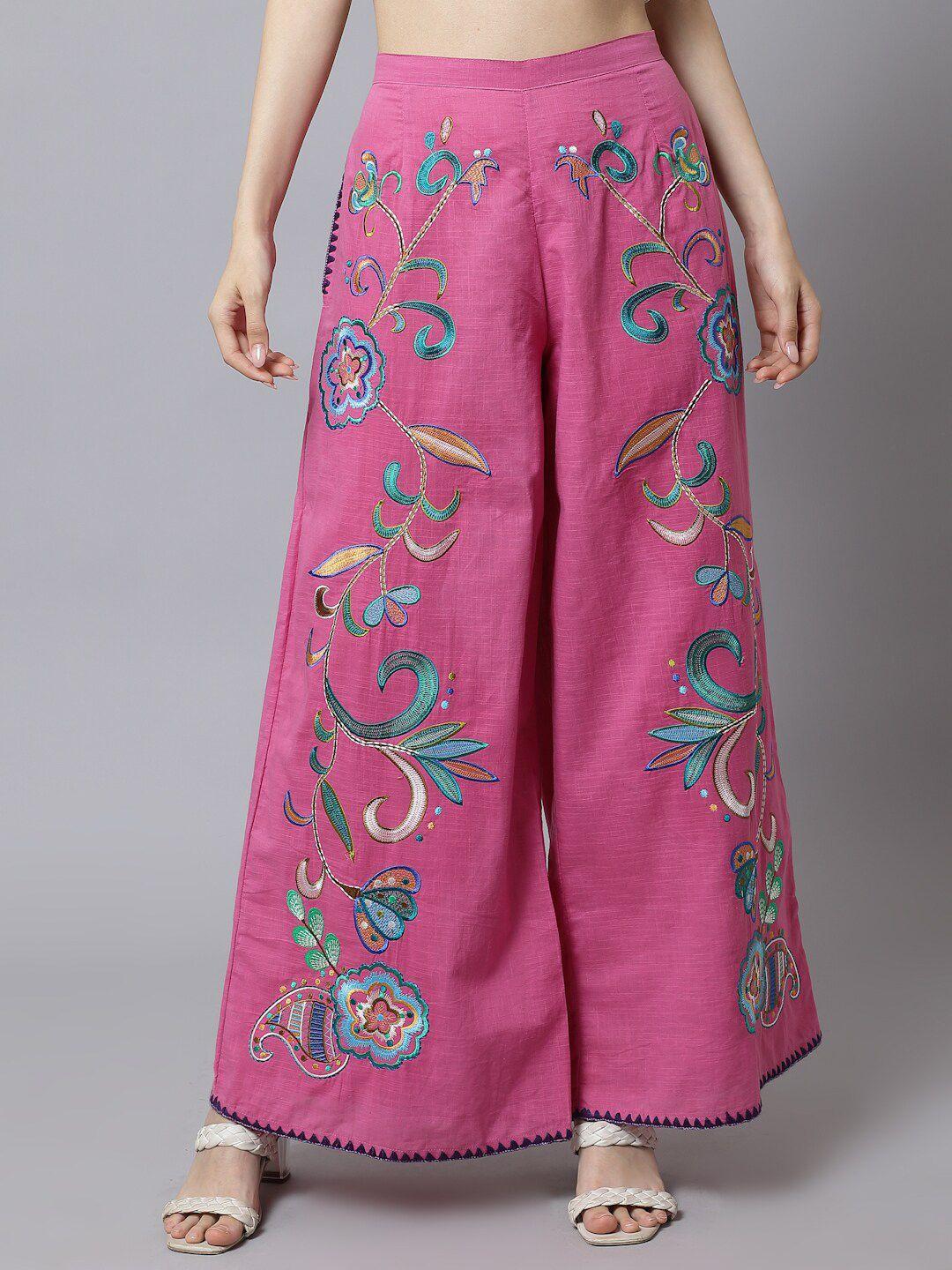 just wow women floral embroidered cotton knitted palazzos