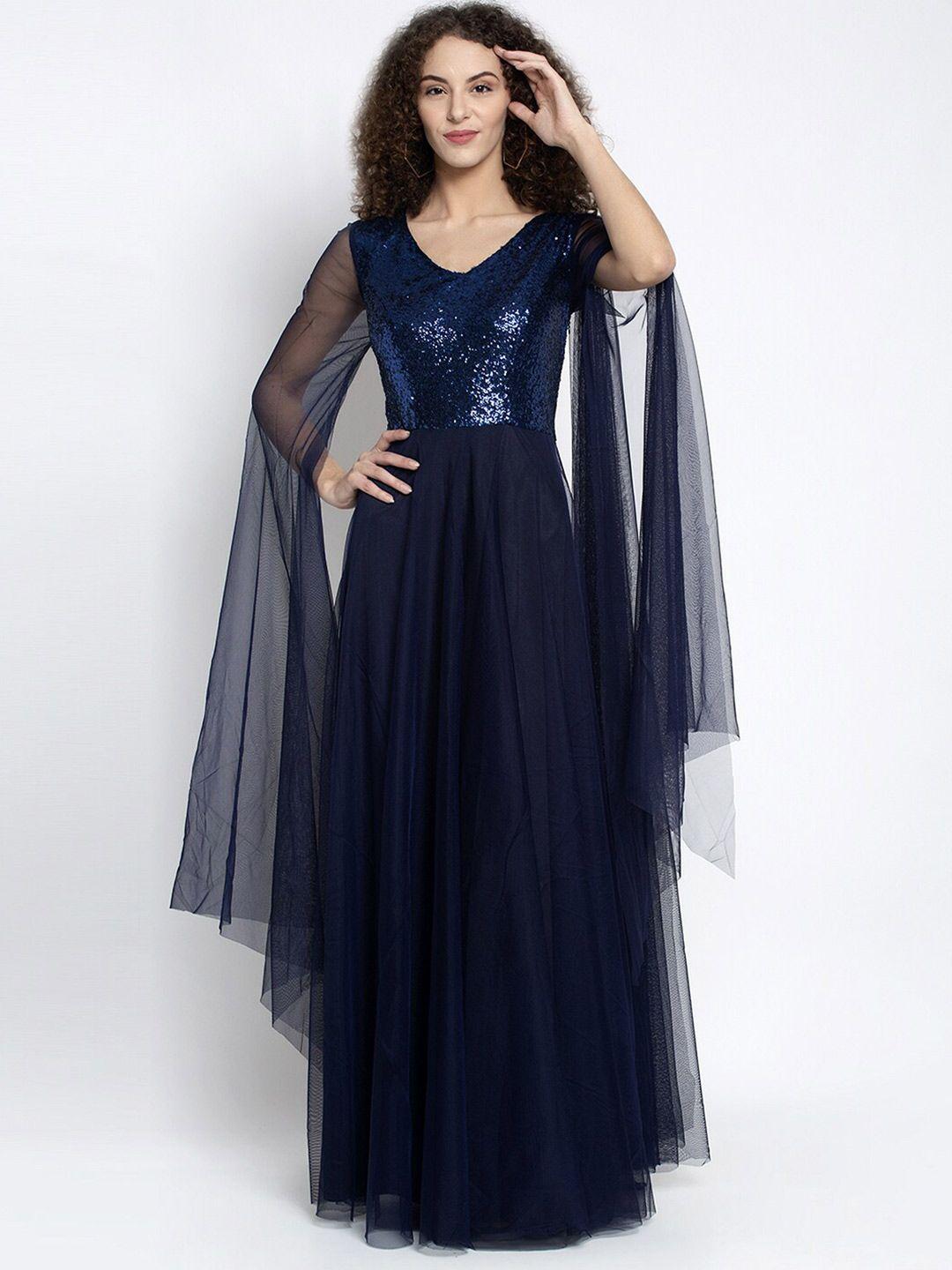 just wow women navy blue embellished net maxi dress