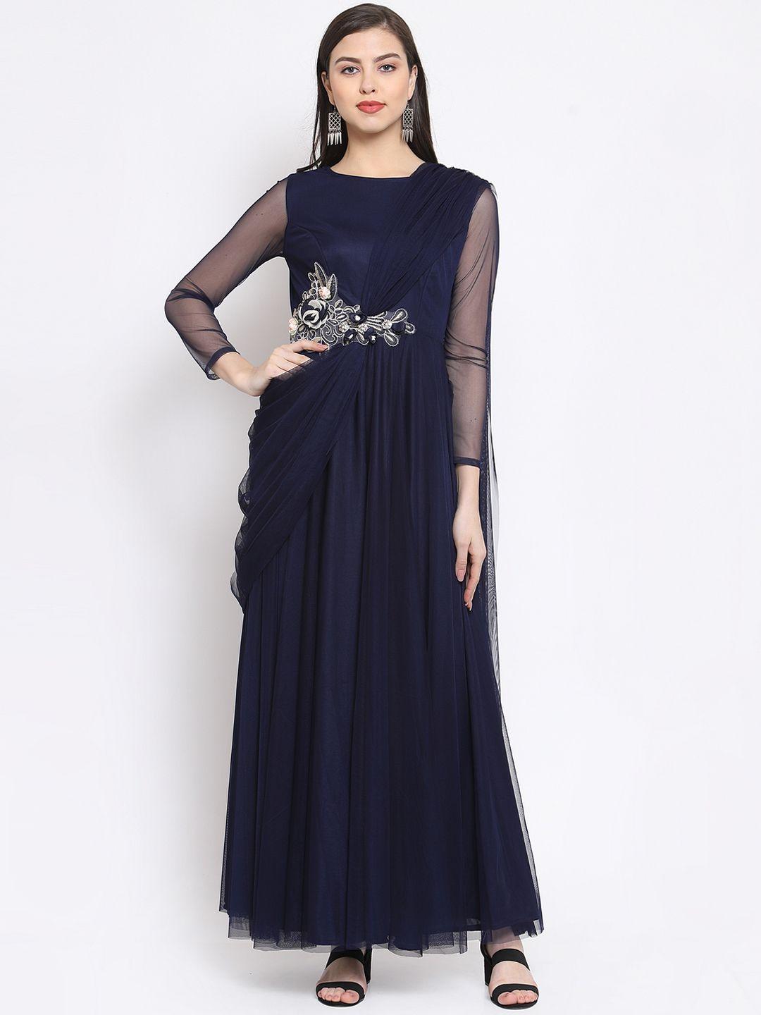 just wow women navy blue embroidered applique maxi dress