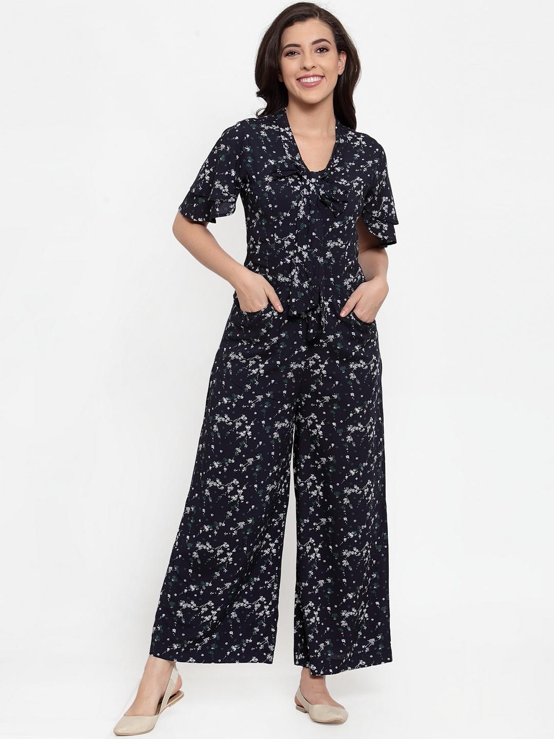 just wow women navy blue printed basic jumpsuit