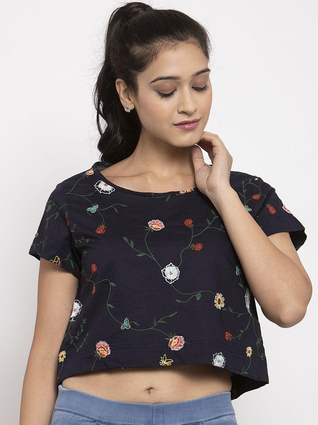 just wow women navy blue printed boxy crop pure cotton top