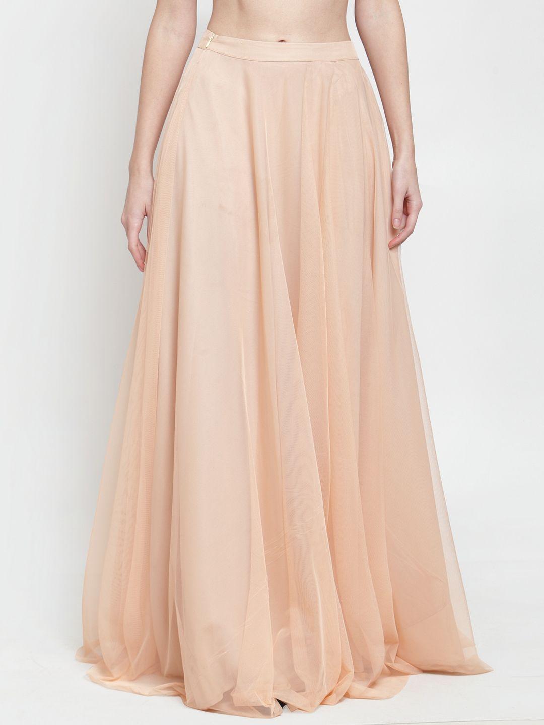 just wow women peach-coloured solid net flared maxi party wear skirt