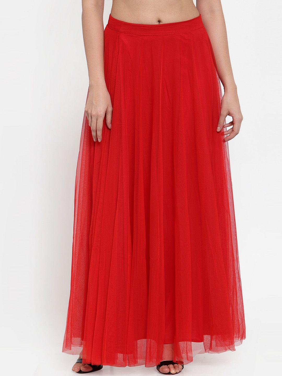 just wow women red solid flared maxi net skirt