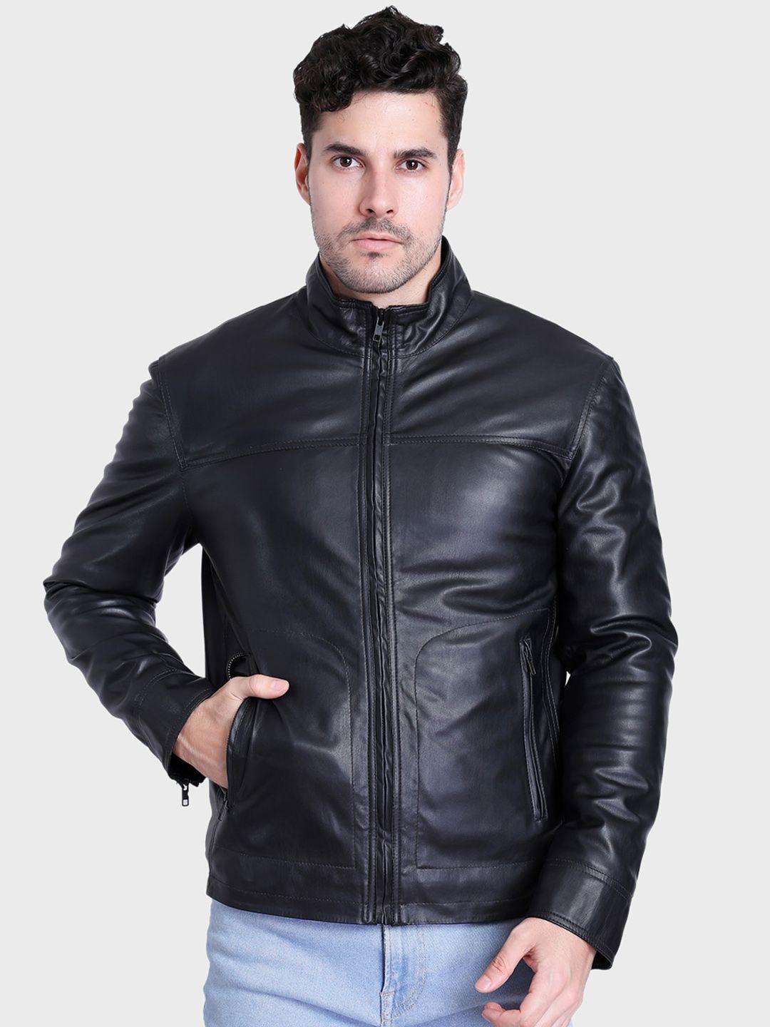 justanned faux leather mock collar biker jacket