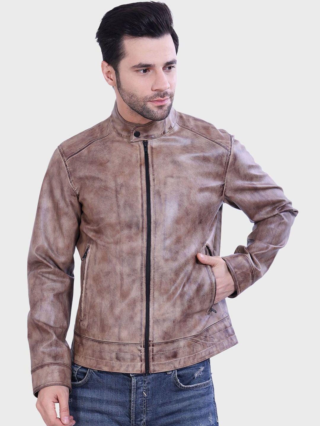 justanned faux leather washed mock collar tailored jacket