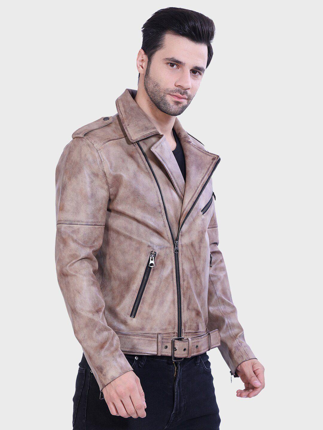 justanned leather lapel collar shoulder tabs biker jacket