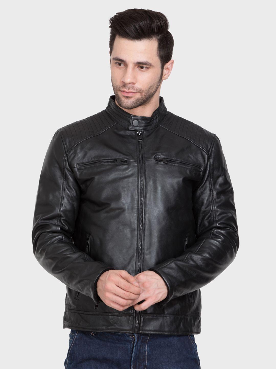 justanned stand collar lightweight leather jacket