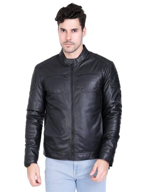 justanned black regular fit leather jacket
