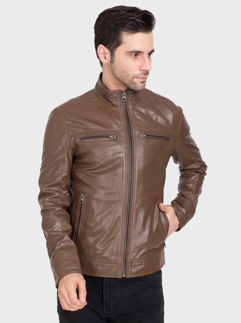justanned brown regular fit leather jacket