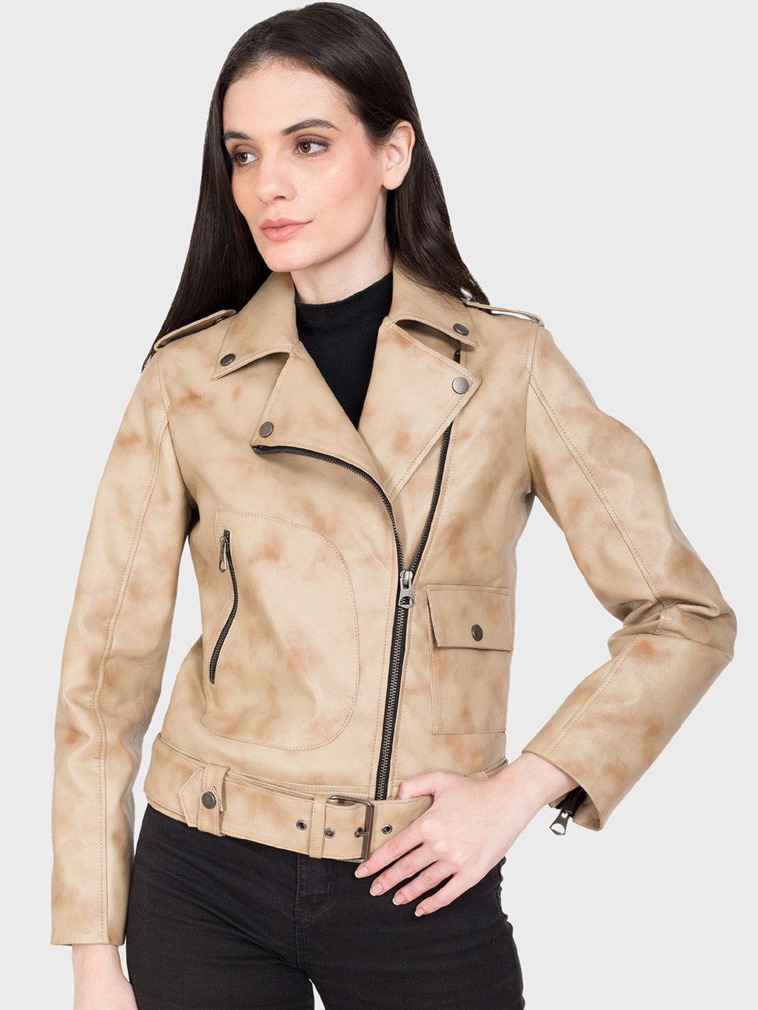 justanned lapel collar biker jacket with shoulder tabs