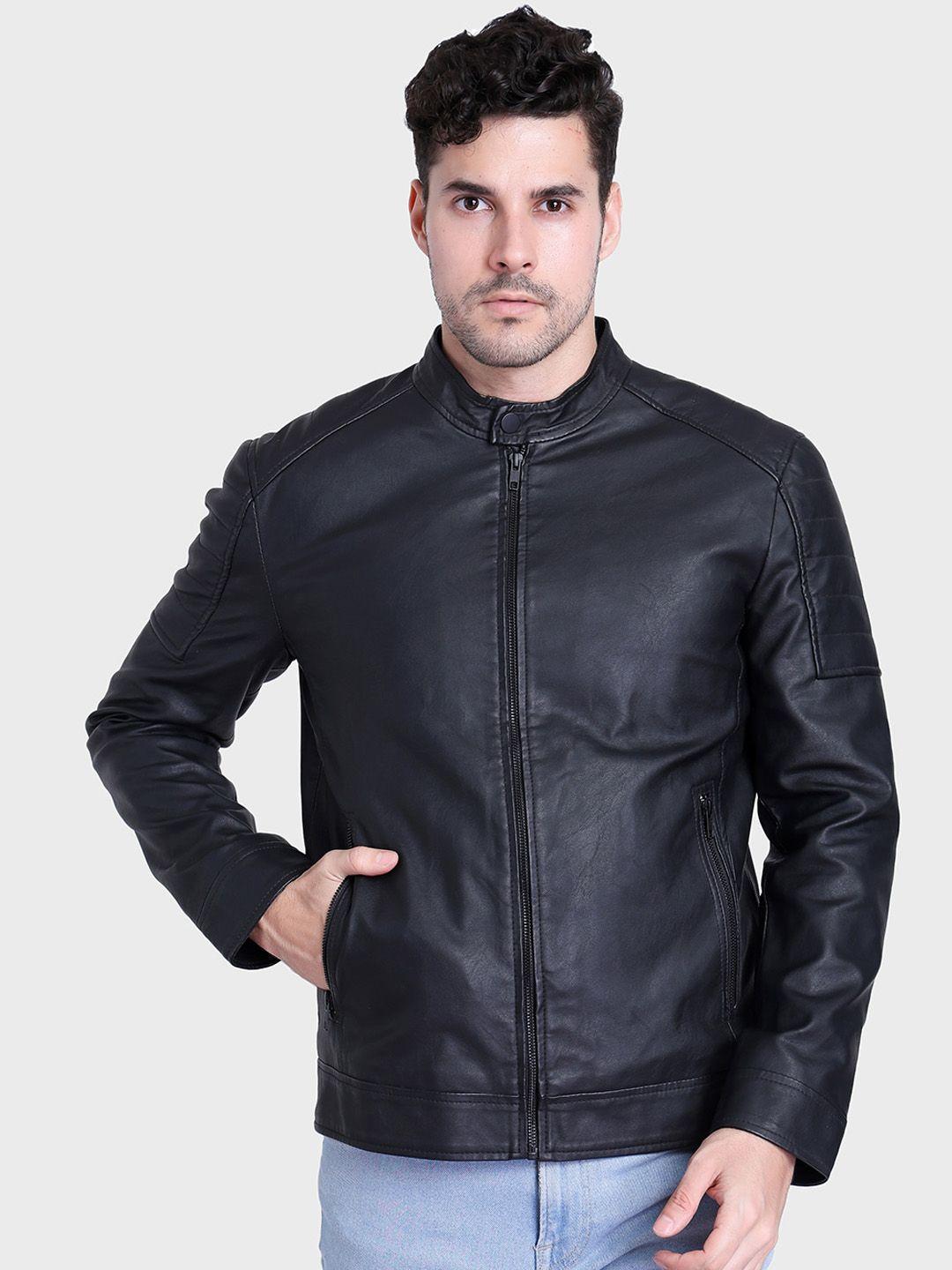 justanned leather stand collar biker jacket