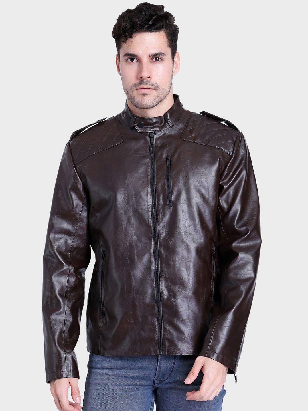 justanned leather stand collar biker jacket