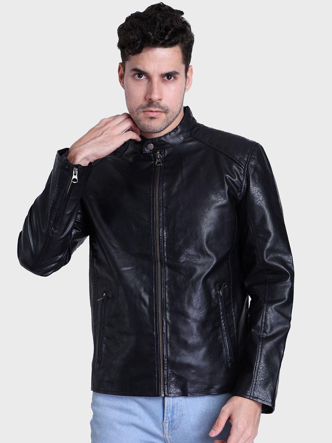 justanned leather stand collar biker jacket