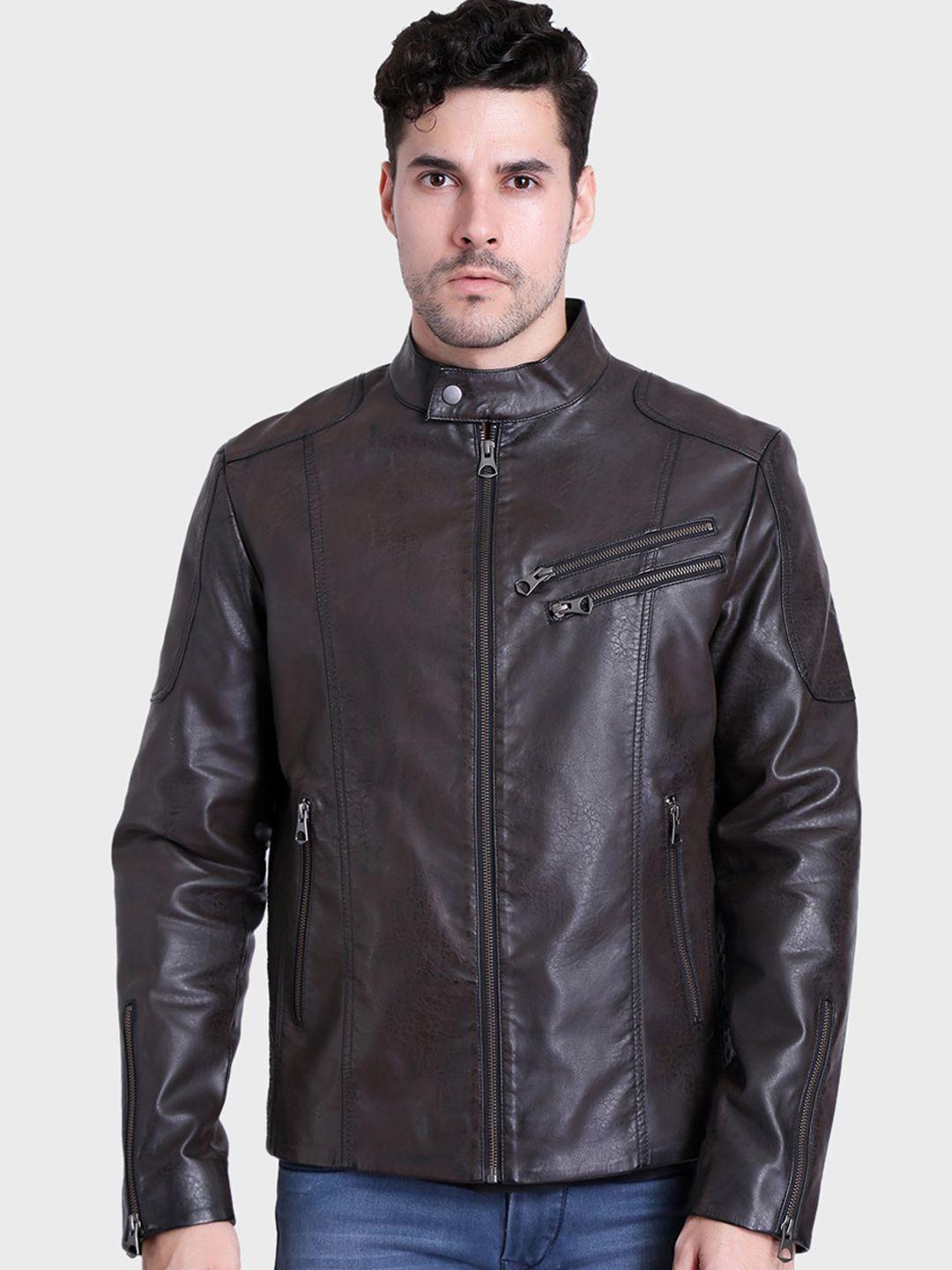 justanned leather stand collar biker jacket