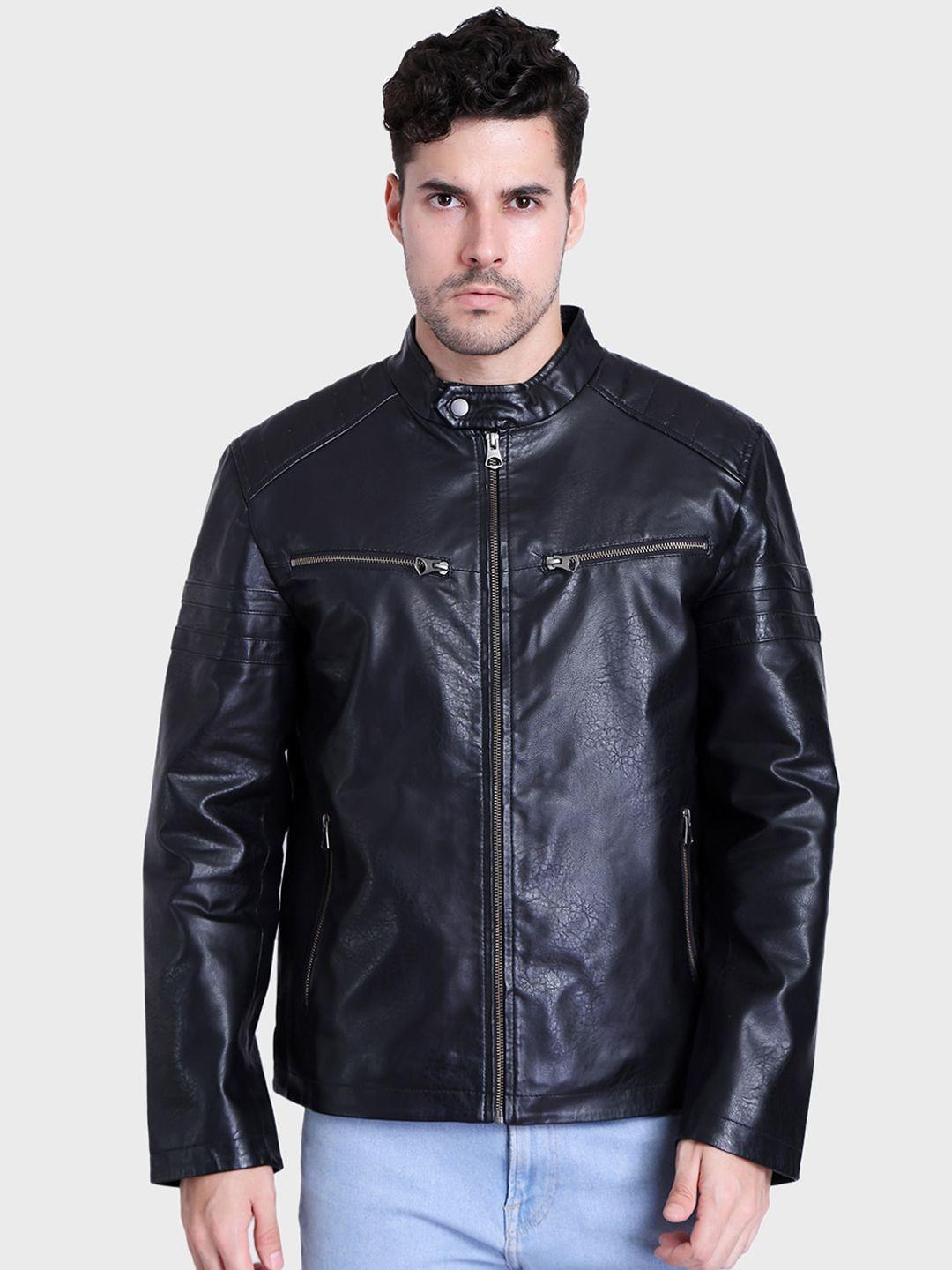 justanned leather stand collar biker jacket