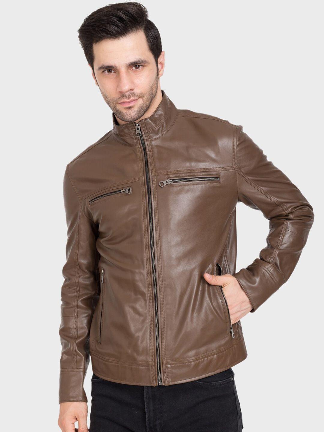 justanned men brown leather lightweight biker jacket