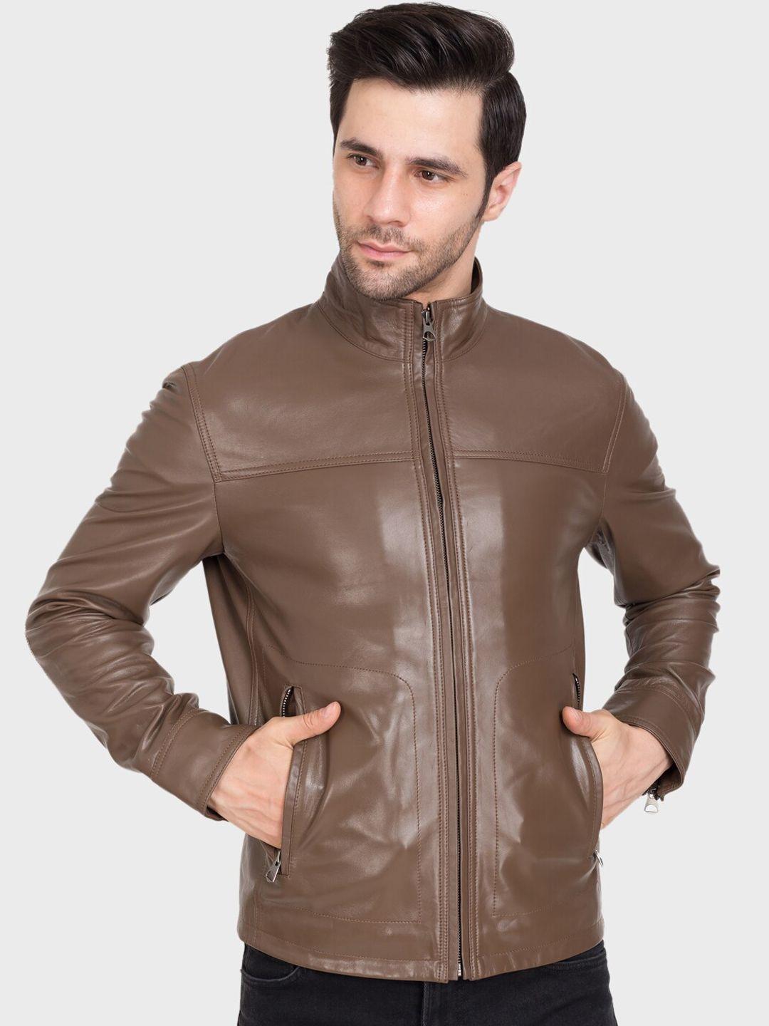 justanned men brown solid leather lightweight biker jacket