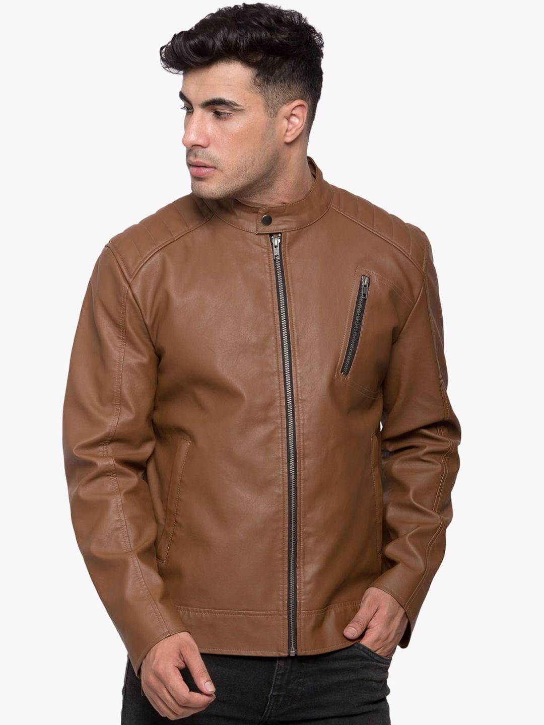 justanned men tan solid outdoor biker jacket