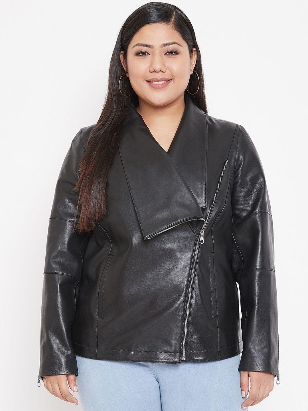 justanned plus women black solid leather biker jacket