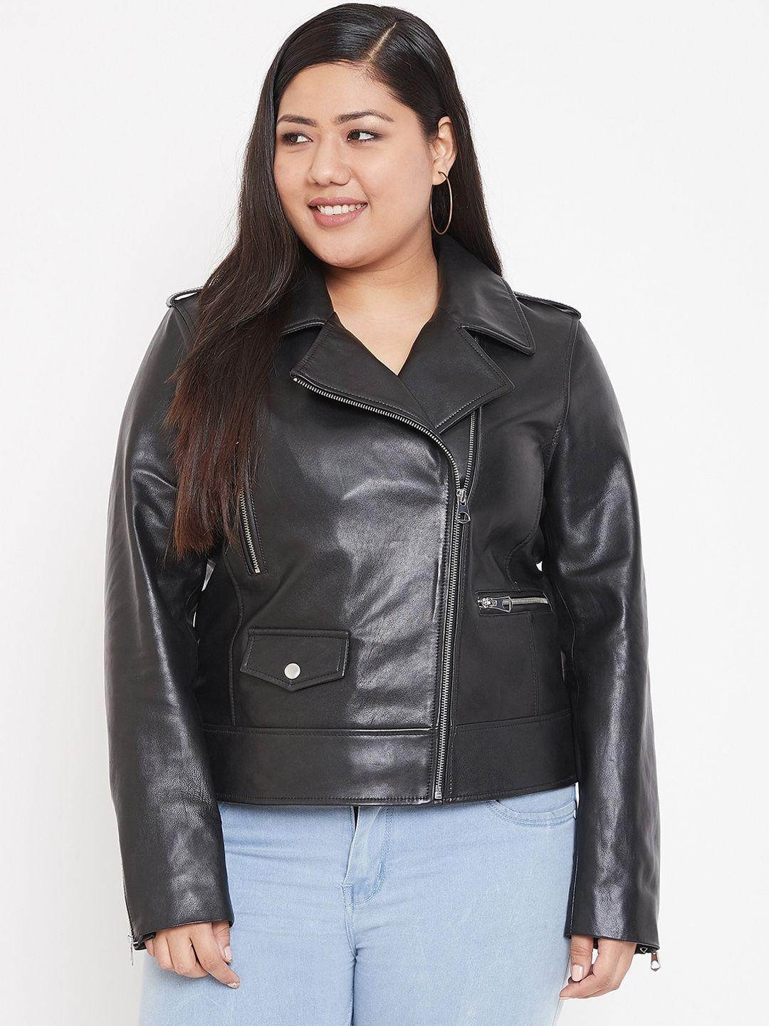 justanned plus women black solid leather jacket