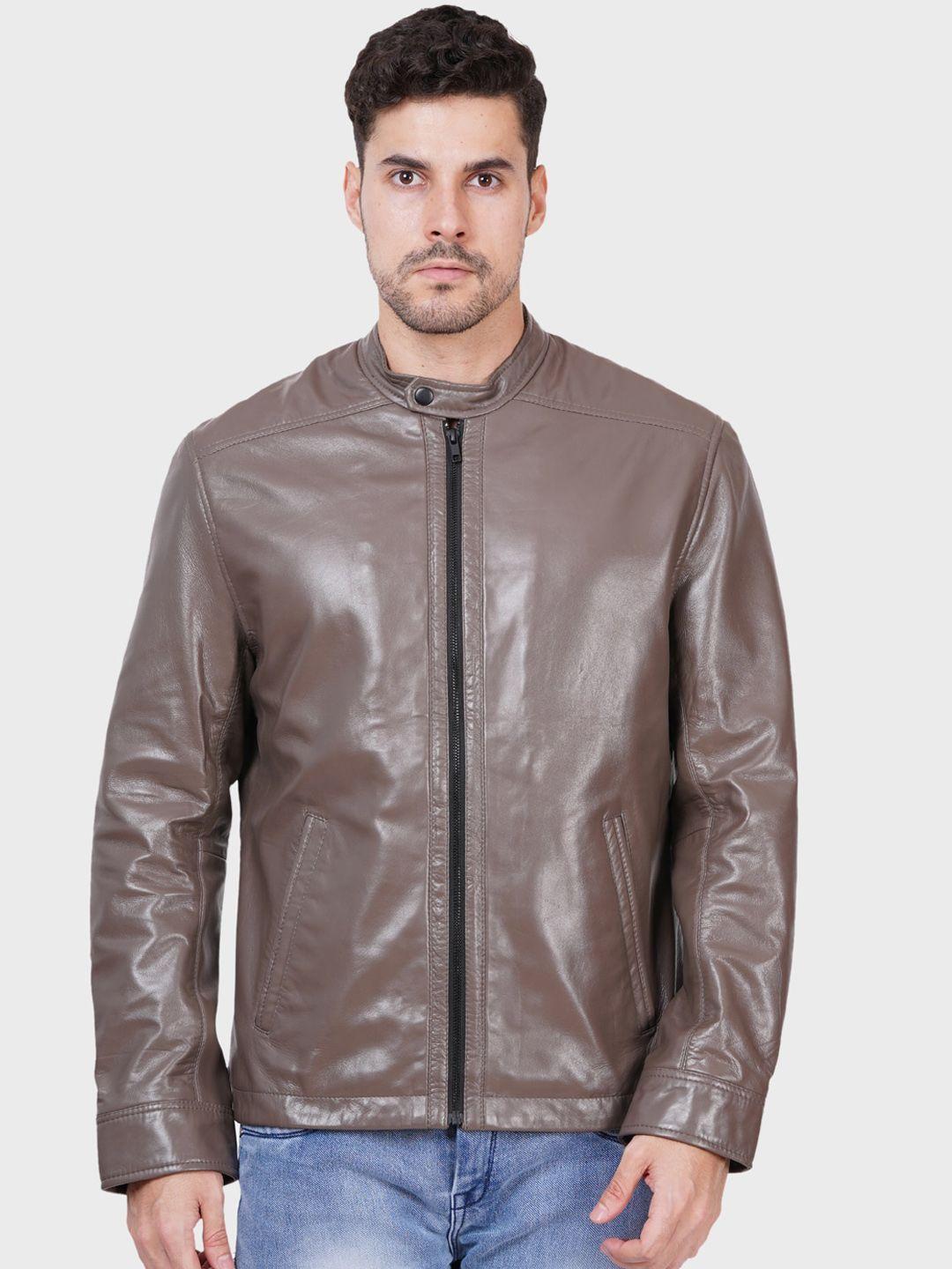 justanned stand collar leather jacket