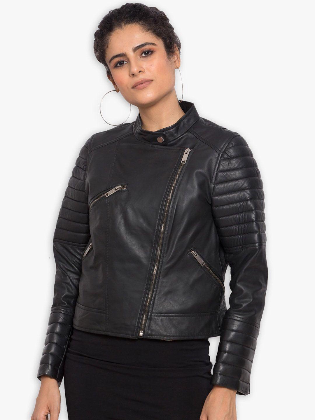 justanned women black leather crop outdoor biker jacket