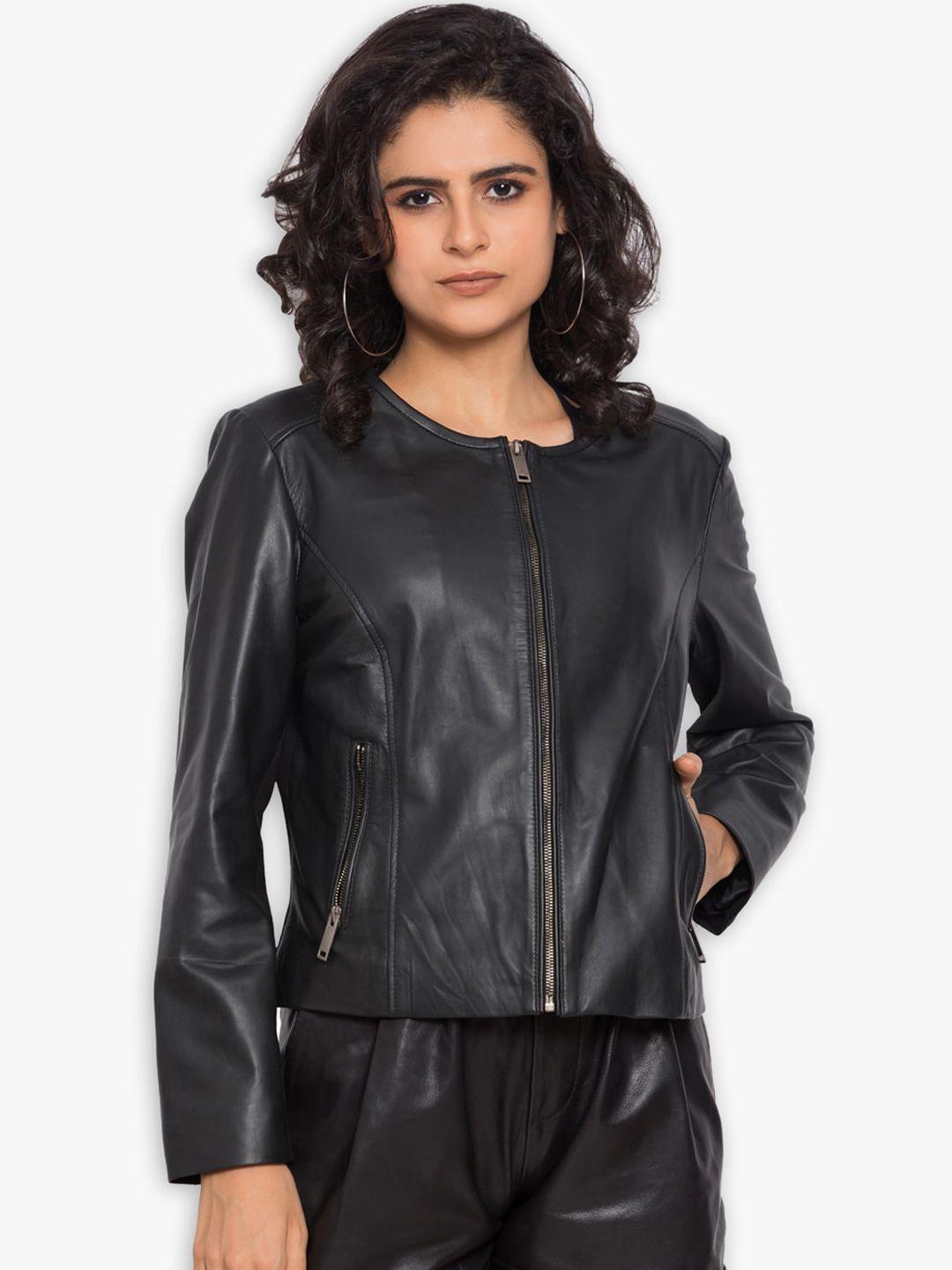 justanned women black leather crop outdoor tailored jacket