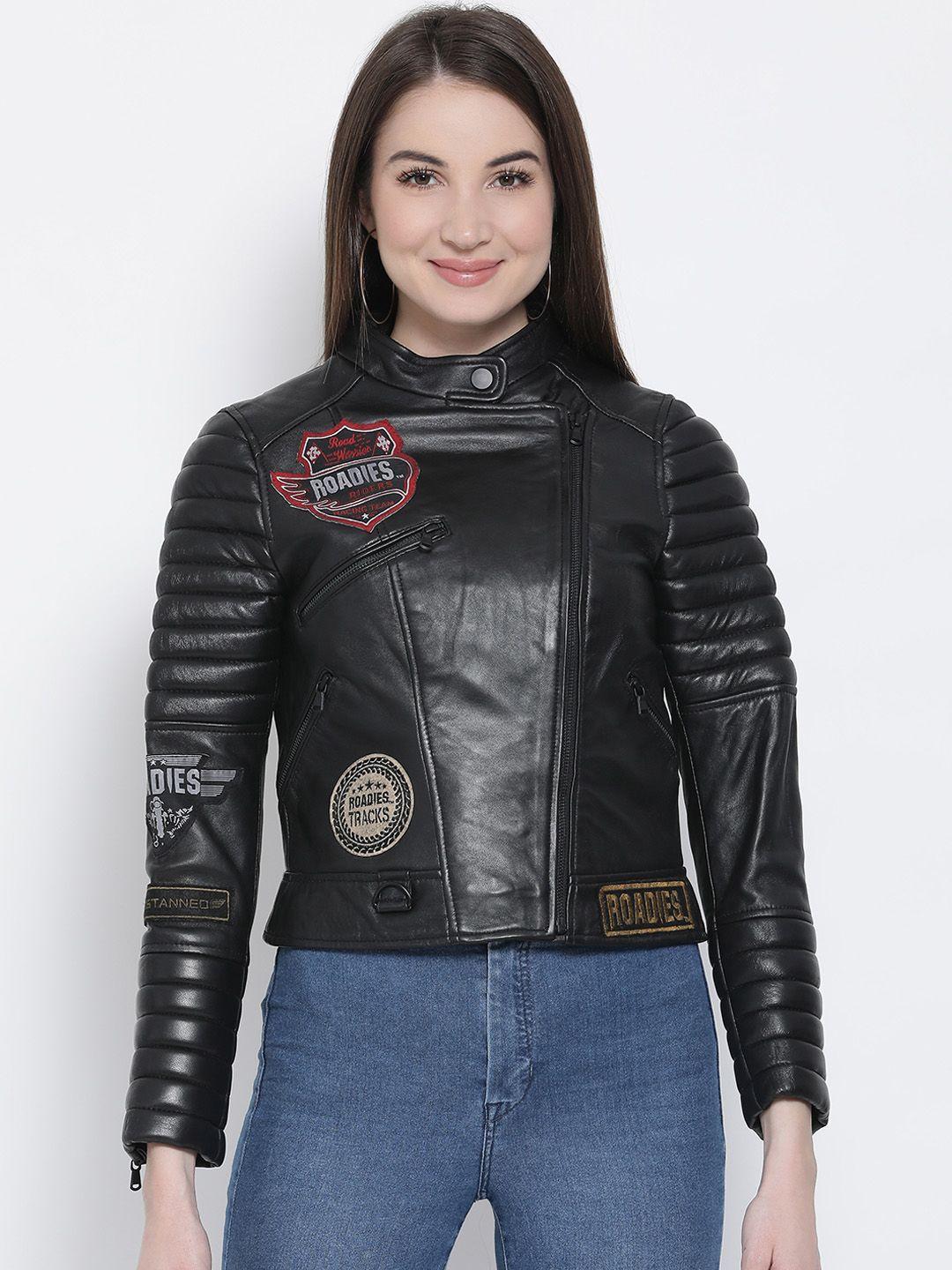 justanned women black solid leather biker jacket