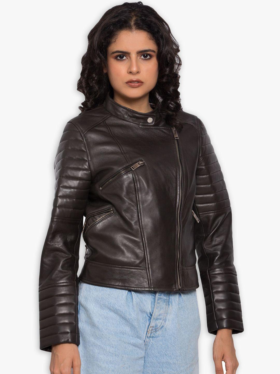 justanned women brown leather crop outdoor biker jacket