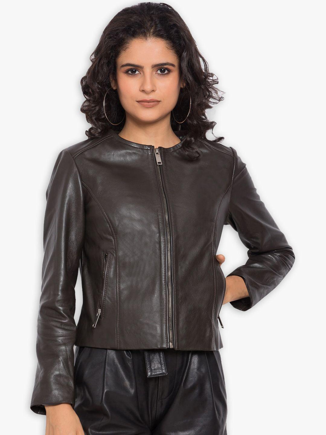 justanned women brown leather crop outdoor tailored jacket