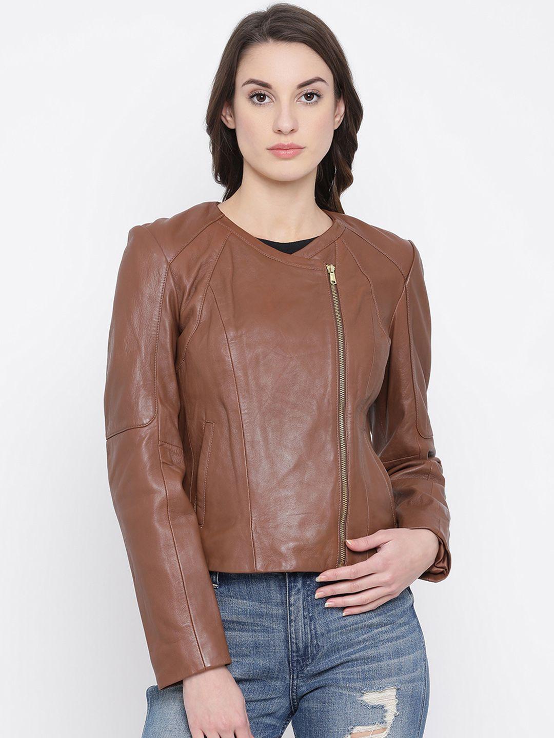 justanned women tan brown solid leather jacket